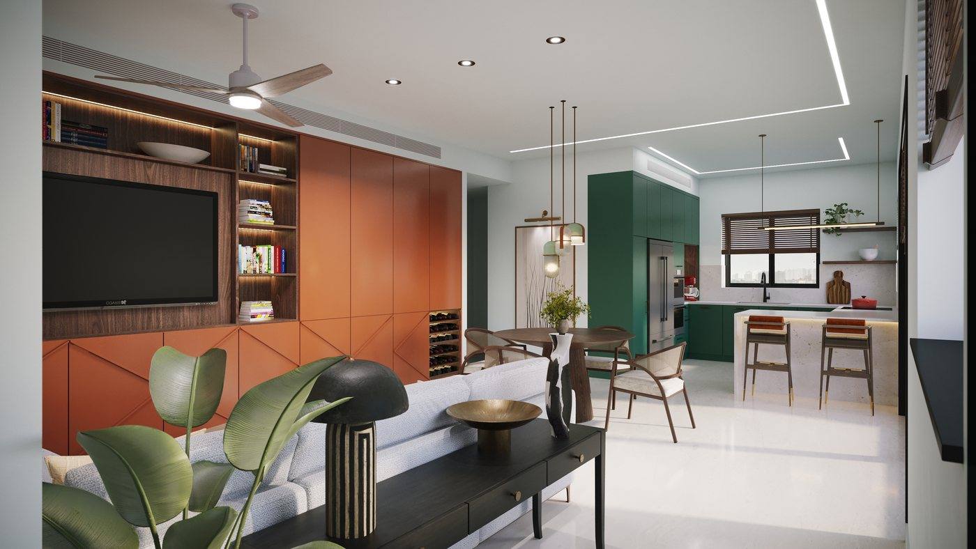 The public area of the Ra'anana project - living room and kitchen with a terracotta joinery wall