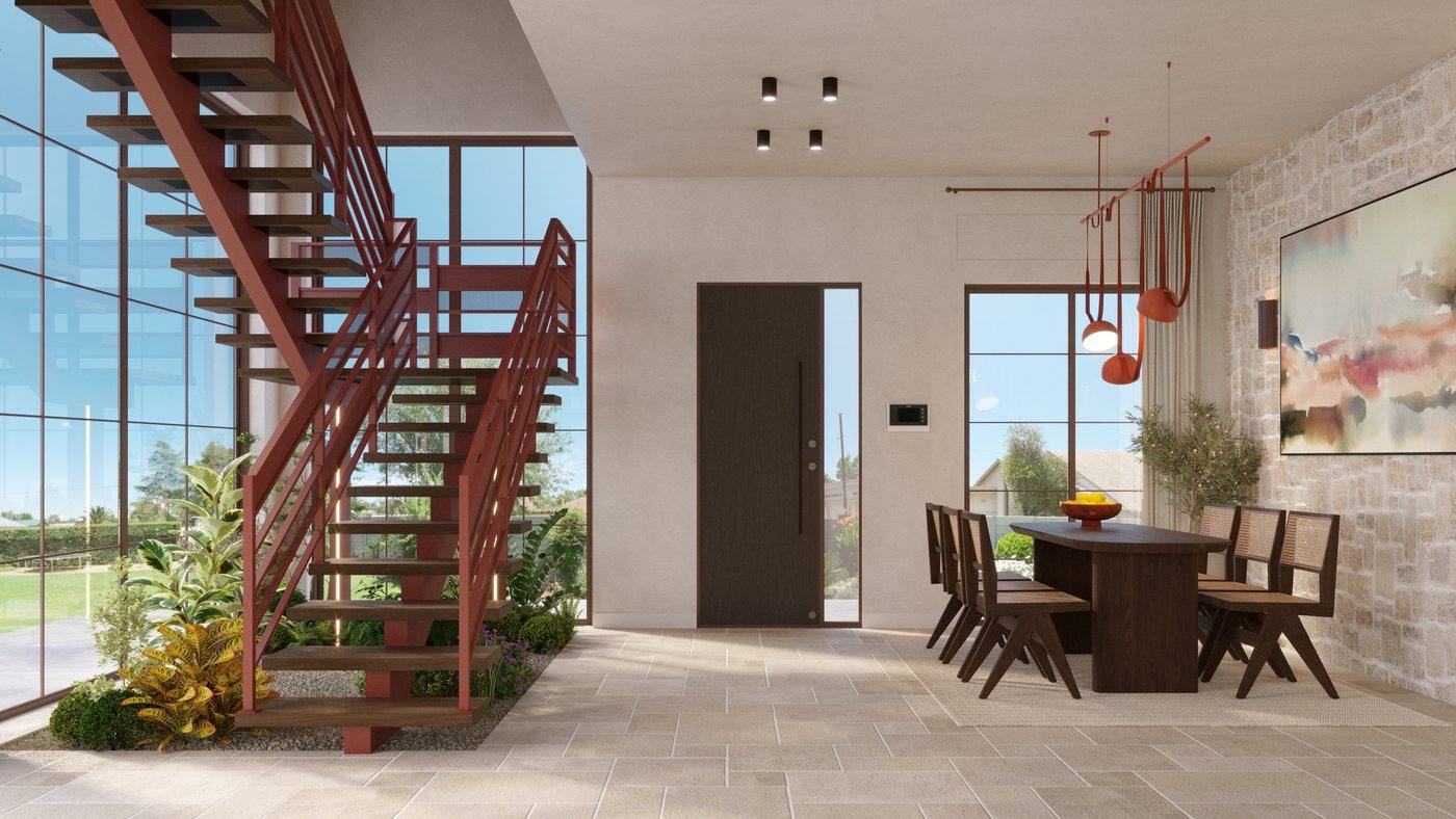 The entrance of the Rosh HaAyin house - terracotta steel stairs and planting