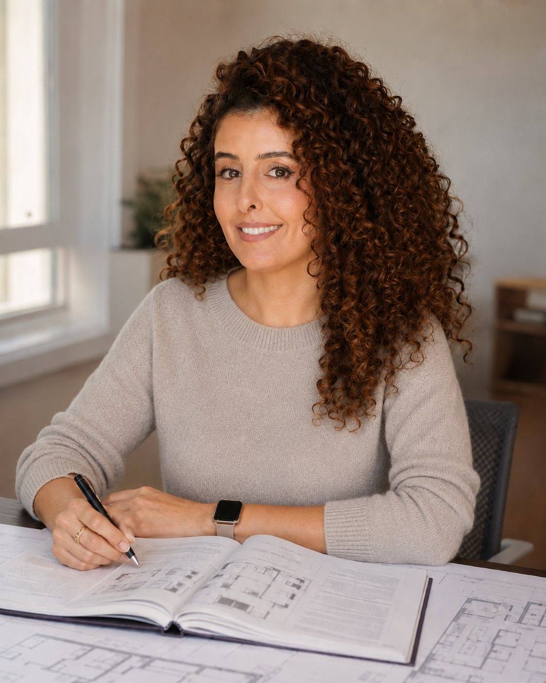 שני יושבת מול תכניות פתוחות ומסמנת עליהן